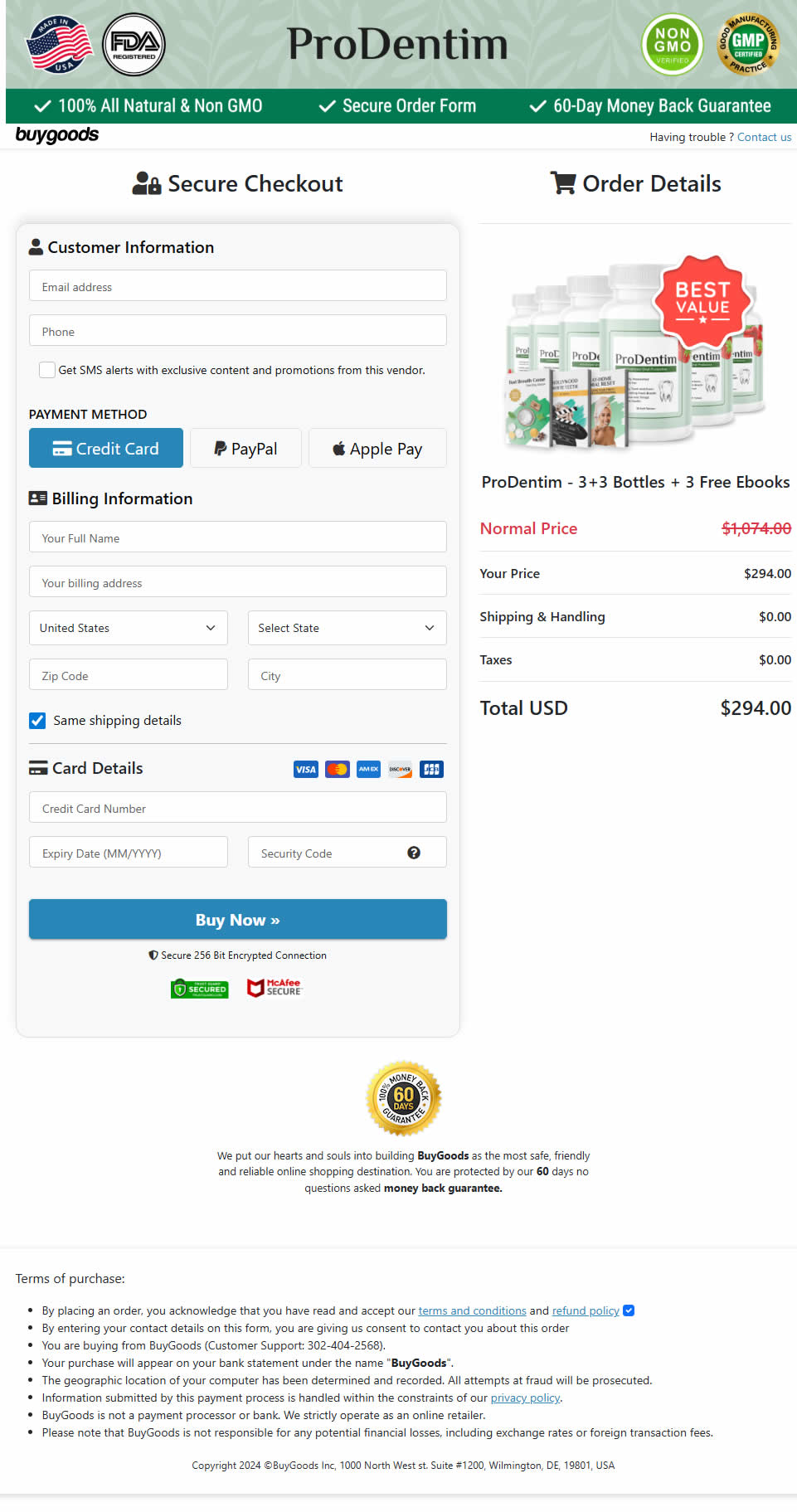 ProDentim Order Checkout Page